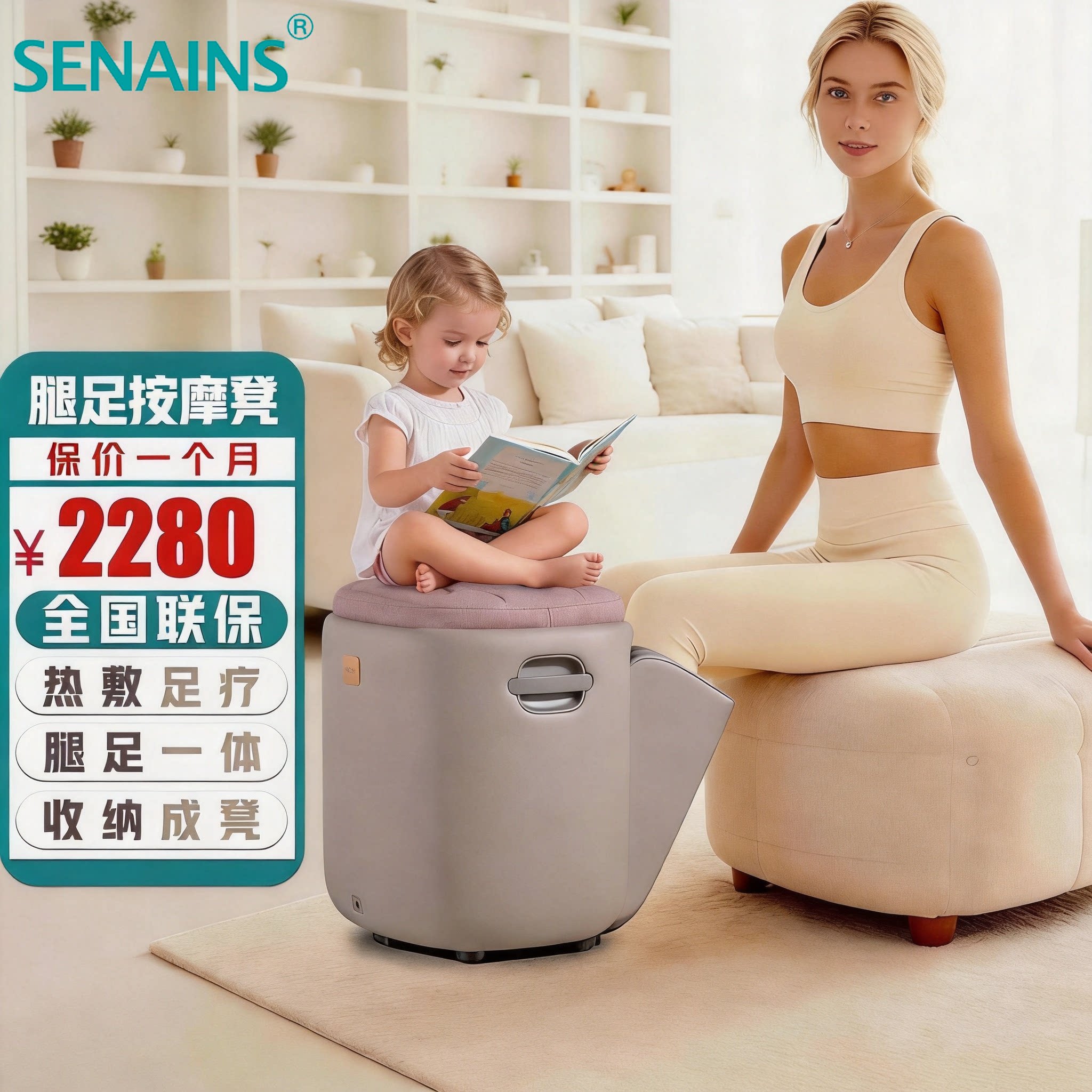 SENAINS家用全自动足疗机揉捏热敷按脚器足底穴位按摩仪坐凳