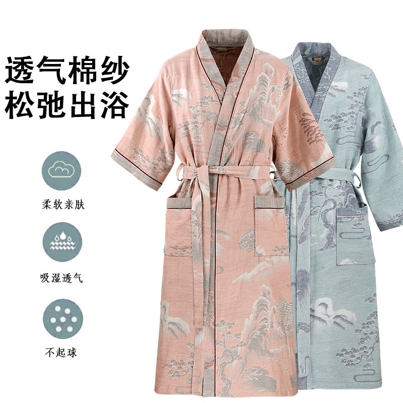 透气棉纱浴袍男女夏薄款双层纱系带吸水速干家居服情侣浴袍长短袖