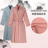 通用吸水速干家居服 系带浴袍四季 纯棉纱布睡袍男女情侣款 长款