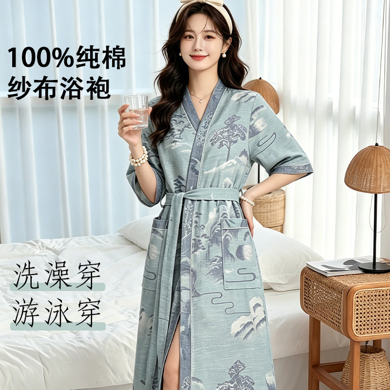 春夏薄款浴袍纯棉双层纱布浴袍家居服睡袍情侣款吸水速干浴衣大码