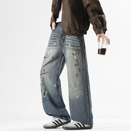 美式复古泼墨涂鸦阔腿牛仔裤男女设计感小众宽松显瘦直筒拖地裤