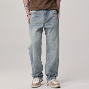 宽松潮流直筒休闲痞帅做旧百搭长裤 男士 男 街头复古水洗牛仔裤 美式