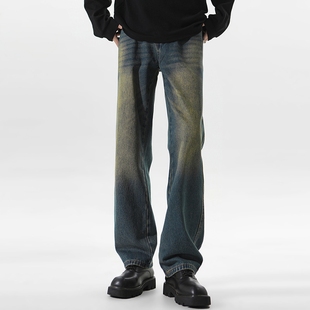 牛仔裤 裤 美式 子男款 宽松直筒水洗做旧阔腿vintage裤 复古黄泥男士