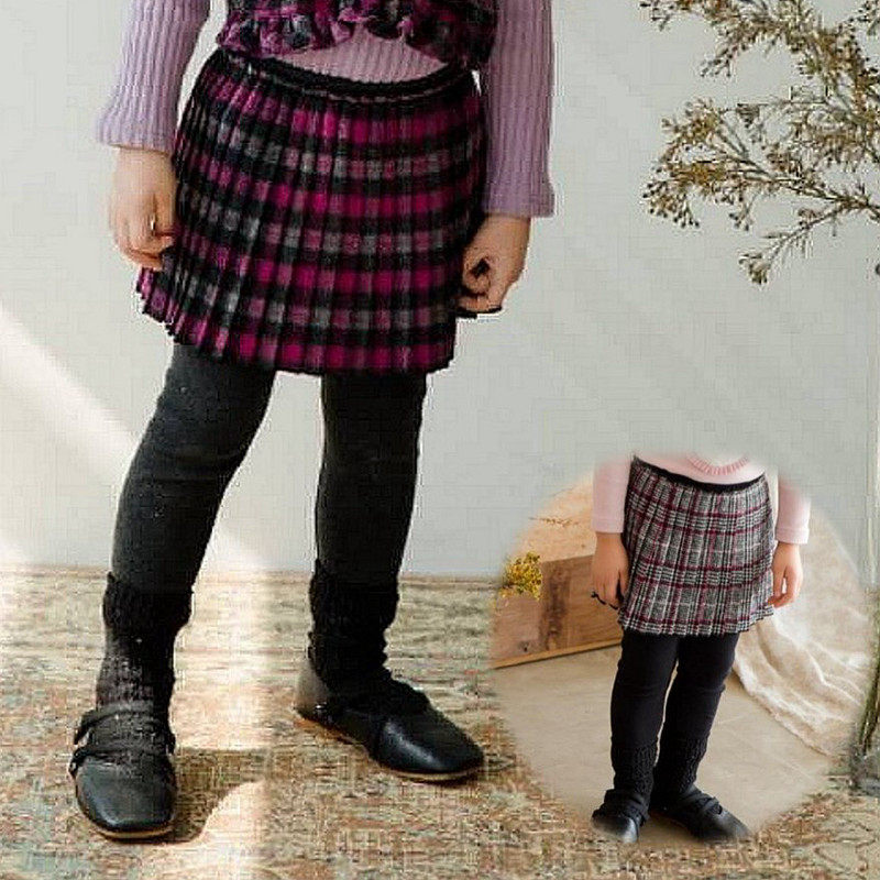 现货 韩国进口童装COCORIBBON2018冬女童格子加绒假两件打底裙裤