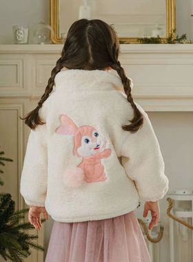 女童棉服韩国童装PinkBerry2022冬季卡通兔子羊羔绒加绒夹棉外套