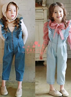 女童牛仔裤韩国童装FLO2020春季宝宝淑女木耳花边休闲九分背带裤