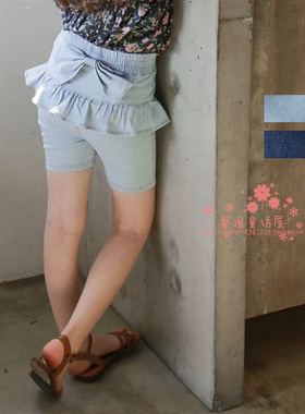 女童牛仔裤韩国童装FLO2021夏季宝宝洋气蝴蝶结花边修身牛仔短裤