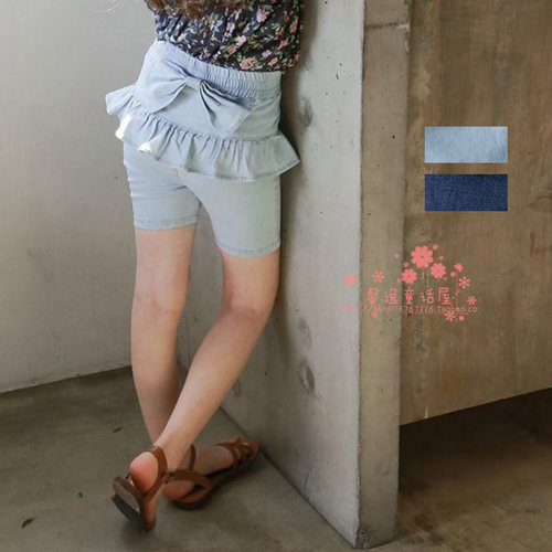 女童牛仔裤韩国童装FLO2021夏季宝宝洋气蝴蝶结花边修身牛仔短裤