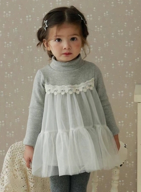 女童加绒T恤韩国童装FLO2023冬季洋气网纱花边拼接加厚公主打底衫