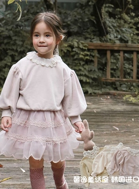 女童长袖卫衣韩国童装FLO2022秋季宝宝公主蕾丝花边荷叶领泡泡袖