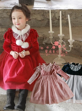 女童连衣裙韩国童装FLO2021冬季圣诞新年泡泡袖网纱金丝绒公主裙