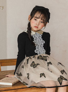 女童连衣裙韩国童装PinkBerry2021秋季复古小香风蝴蝶网纱公主裙