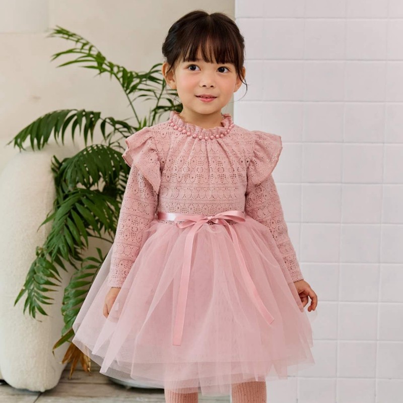 女童宝宝公主裙韩国童装babydoll2023冬季蕾丝花边珍珠网纱连衣裙