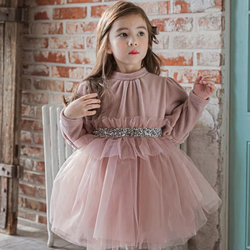 女童连衣裙韩国童装babydoll2021冬季女宝宝泡泡袖网纱加绒公主裙