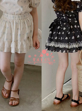 女童半身裙韩国童装FLO2021夏季宝宝百搭蝴蝶结碎花蕾丝花边短裙