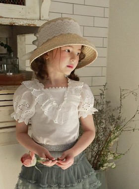 女童短袖韩国童装FLO2021夏季儿童宝宝镂空刺绣花边公主泡泡袖T恤