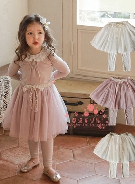女童裙裤韩国童装FLO2022春季女孩百搭网纱假两件公主打底裤长裤