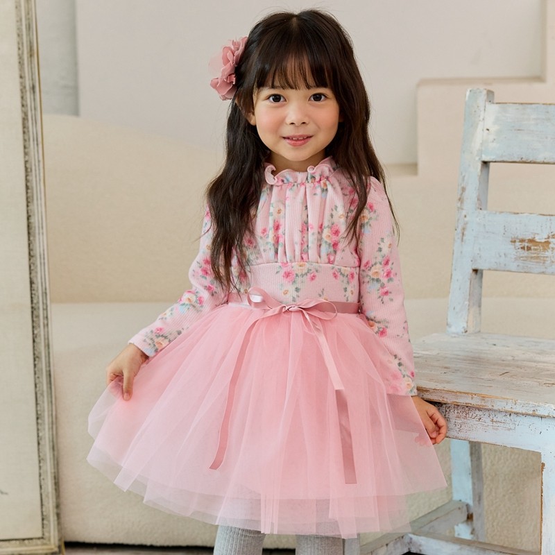 女童宝宝公主裙韩国童装babydoll2023冬季碎花布绒网纱加厚连衣裙