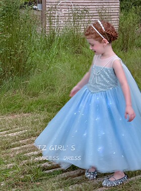 女童爱纱公主裙25夏发光高端蓝色连衣裙洋气冰雪奇缘礼服蓬蓬纱裙