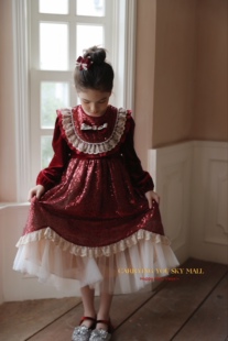 天空之城年服25秋冬女童公主裙圣诞新年洛丽塔重工压皱丝绒连衣裙