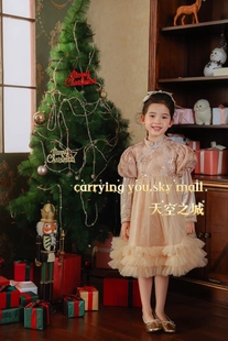 专柜品牌童装 公主裙钢琴演出服礼服 25秋冬女童圣诞新年亮片泡泡袖