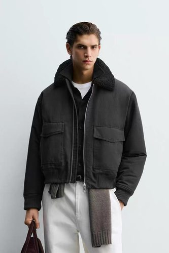 ZA2025冬季新品 男装 拼接抓绒翻领飞行员夹克外套 0155170 801