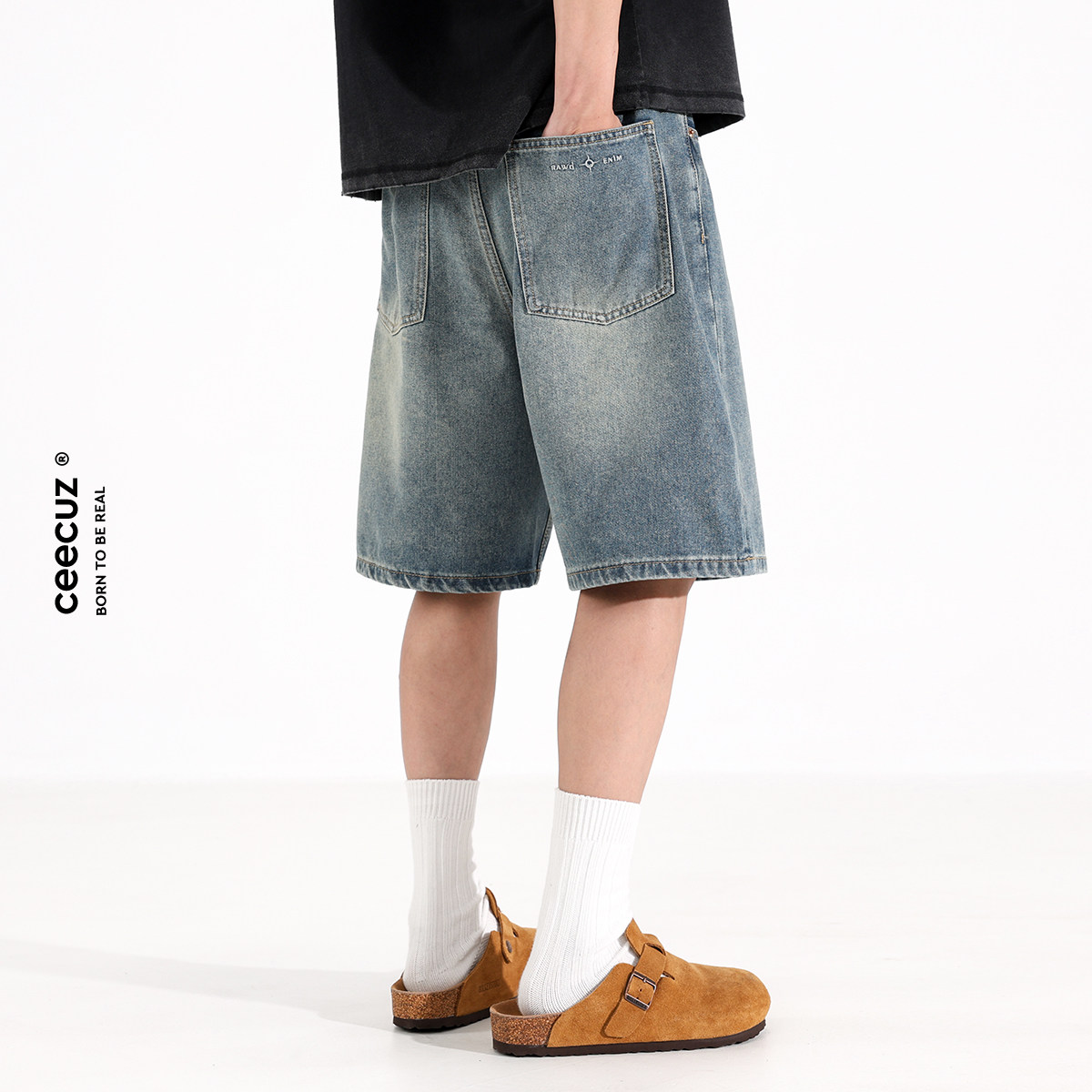 ceecuz水洗做旧复古五分工装牛仔短裤男夏季美式宽松直筒阔腿中裤