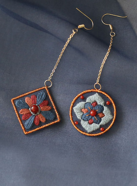 花寄 双面刺绣diy材料包925银耳环原创敦煌耳夹文艺气质闺蜜礼物