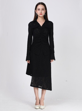 APSH懿千金秋原创袋盖抽褶开衩上衣镂空不规则半裙羊毛蕾丝套装女