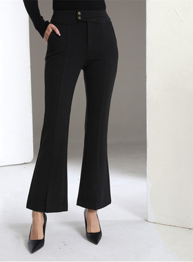 APSH懿千金秋冬新款中高腰加绒前开衩微喇长裤毛呢料显瘦后松紧腰