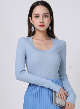 APSH懿千金秋冬 60支套头U领长袖羊毛衫女120s德国扬子纱修身针织