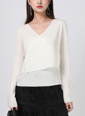 APSH 懿千金春秋V领假两件烫钻上衣长袖绵羊毛针织衫女套头薄款