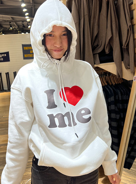 粉红蘑菇 Ilove系列标语美式连帽卫衣女春秋款原创设计小众上衣