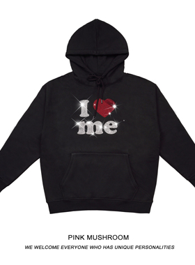 粉红蘑菇 I Love me标语 连帽卫衣 加绒 宽松 千禧风 欧美 辣妹