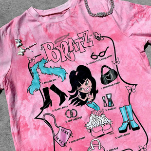 粉红蘑菇 BRATZ贝兹娃娃欧美vintage短袖T恤Y2K粉色扎染印花上衣