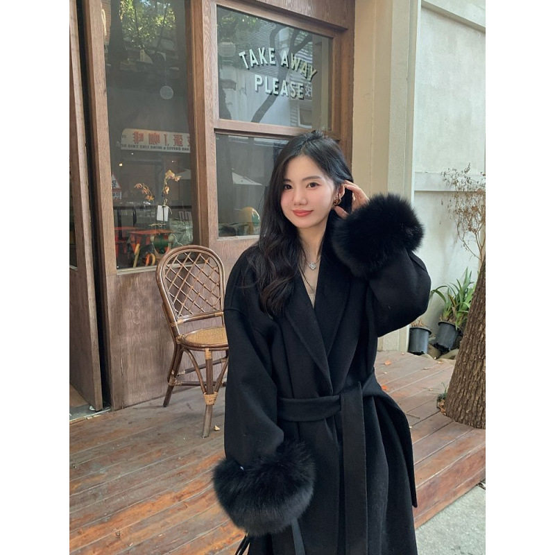 颖儿网红秋冬新款双面羊毛大衣女士长款气质狐狸毛袖口羊毛呢外套