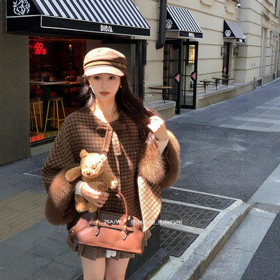 2025秋冬新款狐狸毛斗篷双面羊绒大衣女复古毛呢韩版外套