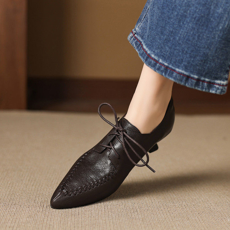 欧洲站时尚尖头深口鞋女头层牛皮系带单鞋真皮高跟鞋配阔腿裤鞋子,女鞋,深口单鞋,淘宝优惠券,粉丝福利购,淘宝优惠卷