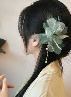 「枯叶蝶」仙气雪纺花朵U型发簪古风女高级新中式马面裙发钗簪子