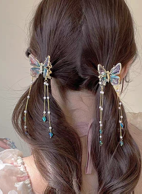 国风绿色流苏蝴蝶小号抓夹女森系古风半扎发鲨鱼夹汉服发饰头饰品