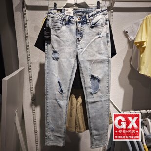 正品李Lee401修身中腰破打破洞蓝女水洗小直筒牛仔裤L373844EM11P