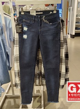 专柜正品Lee400破洞紧身中腰水洗小脚深蓝女牛仔裤L12400AP49GS