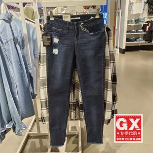 专柜正品Lee400破洞紧身中腰水洗小脚深蓝女牛仔裤L12400AP49GS