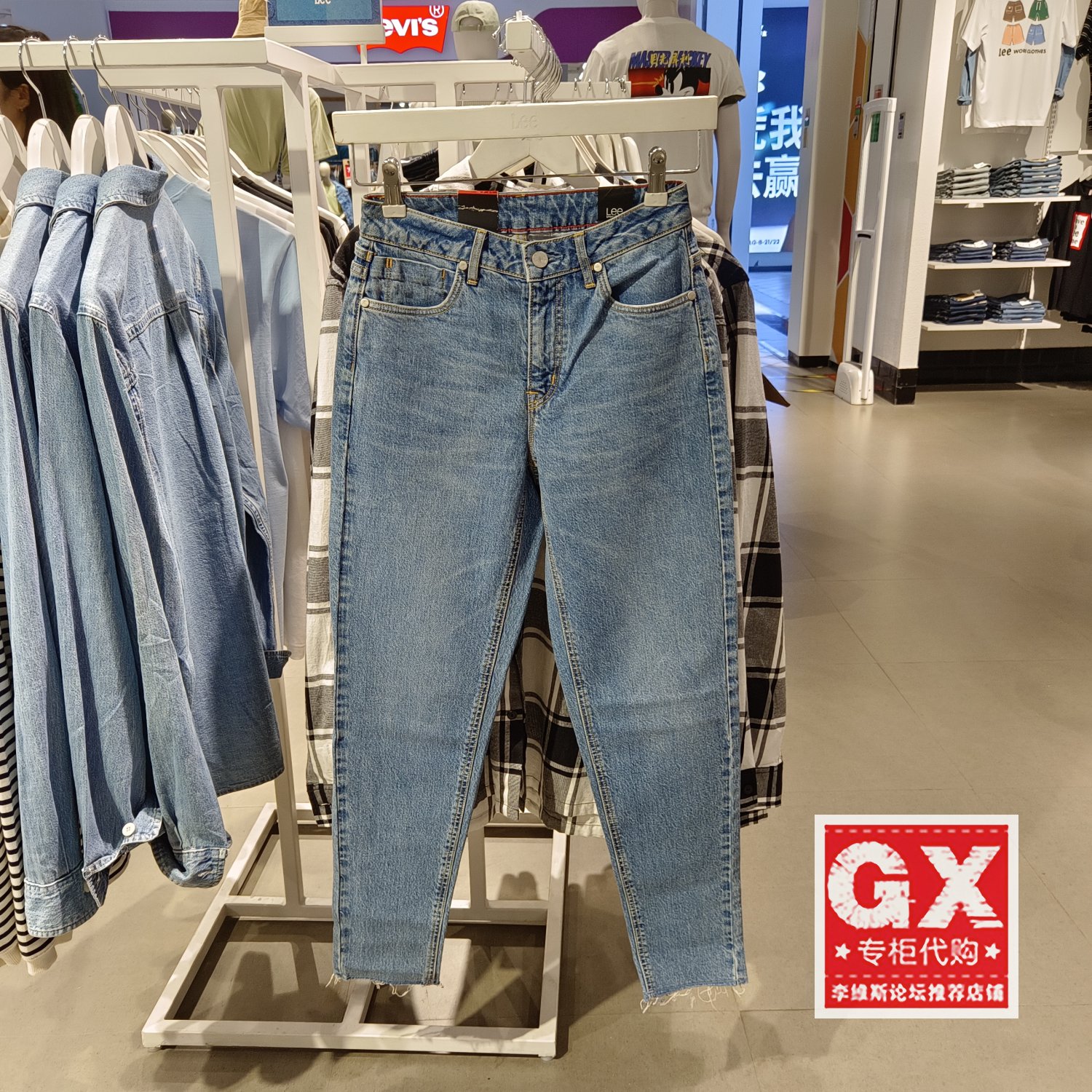 专柜正品李Lee413中腰小直脚浅蓝女时尚毛边牛仔裤LWZ4135PCATG