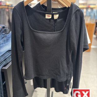T恤0018M 专柜正品 宽松方领长袖 s李维斯女黑色时尚 0000 Levi
