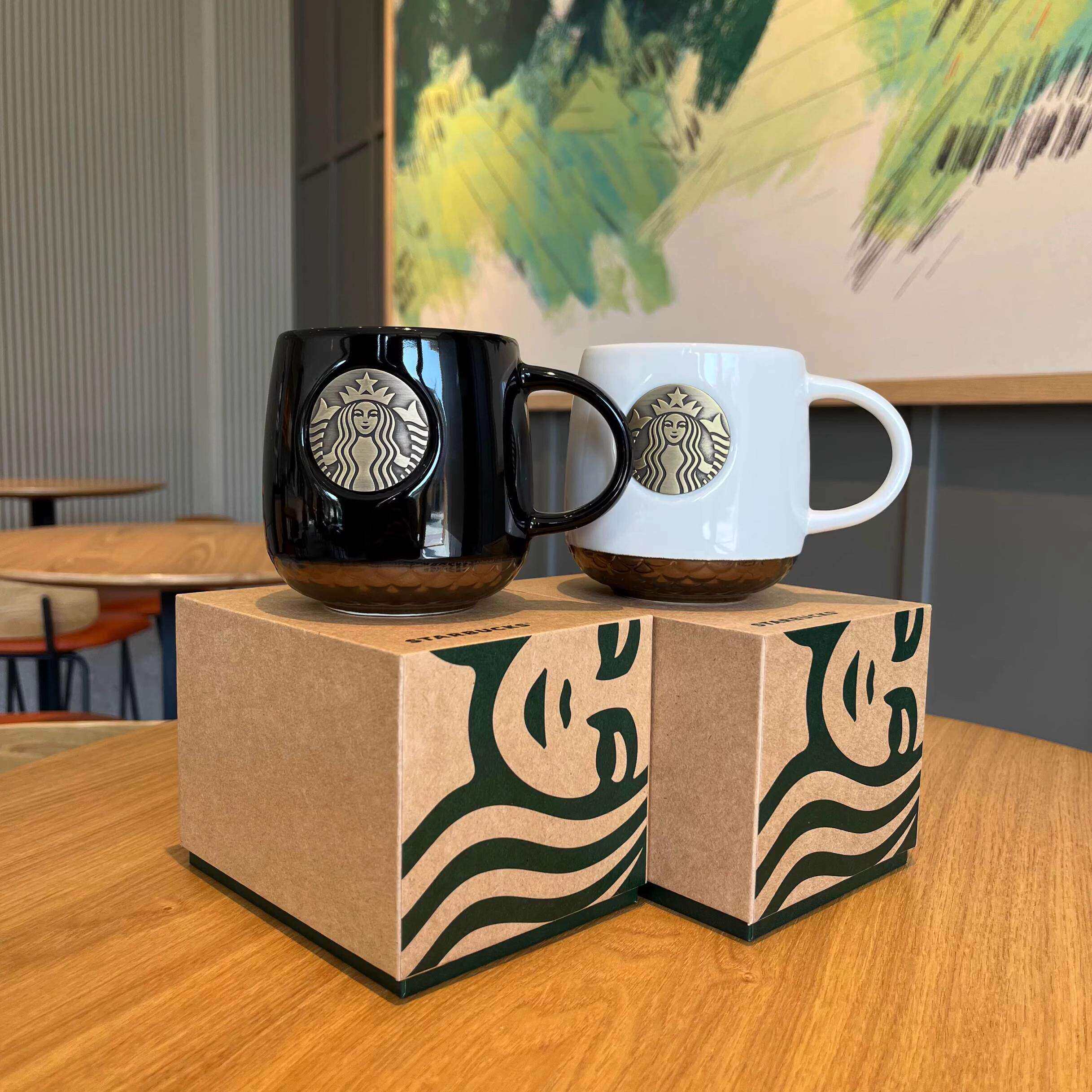 星巴克马克杯白色经典鱼鳞杯陶瓷咖啡杯礼盒装送礼新款杯子伴手礼