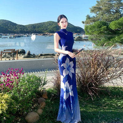 海岛绝美沙滩长裙到脚踝超长款修身印花海边度假连衣裙气质高级感