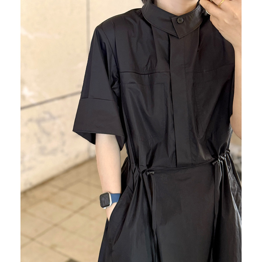 小立领过膝连衣裙五分袖七分袖宽松可调节收腰黑色连衣裙简约小众
