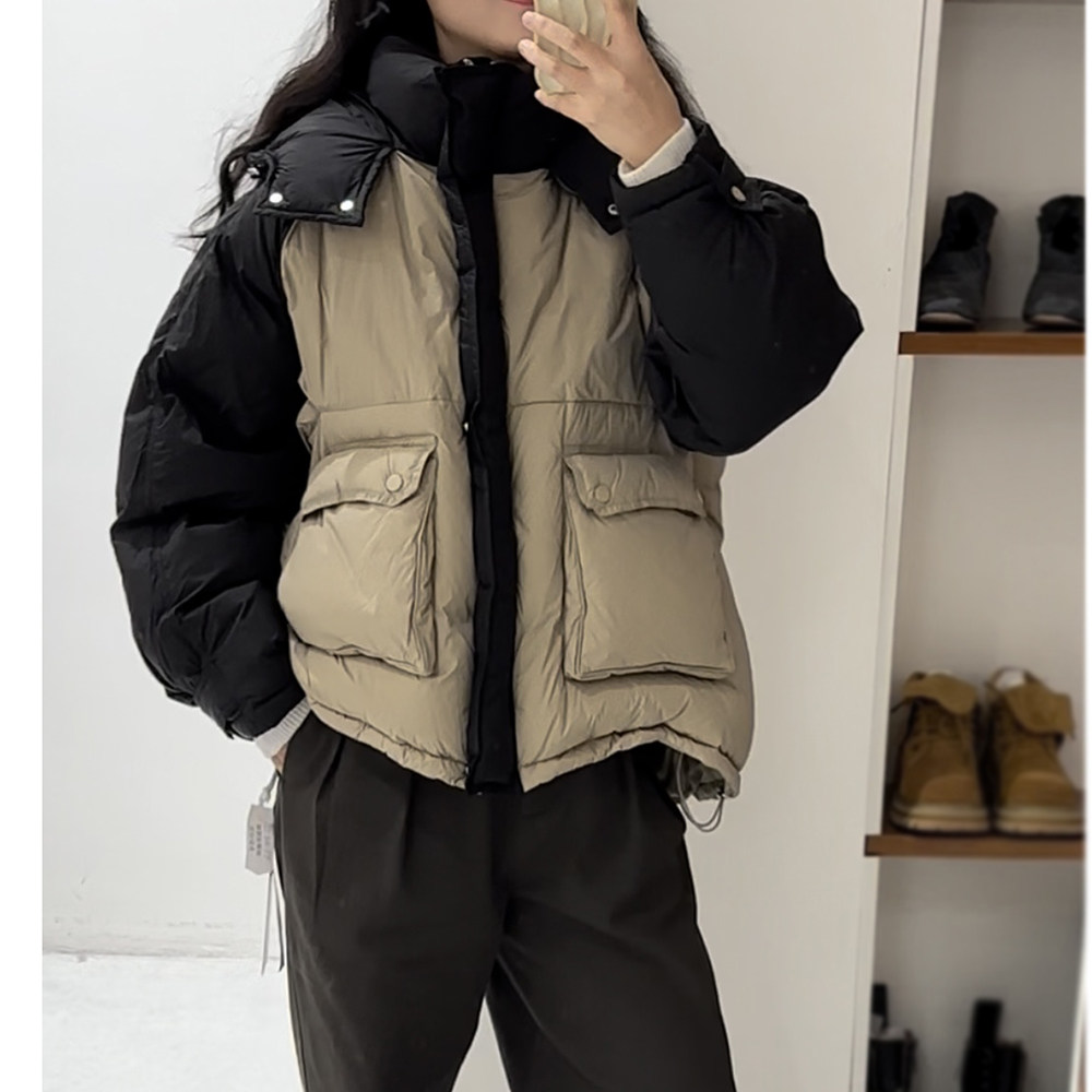 撞色拼接羽绒服女款宽松插肩袖加厚面包服黑卡拼色90白鸭绒面包服