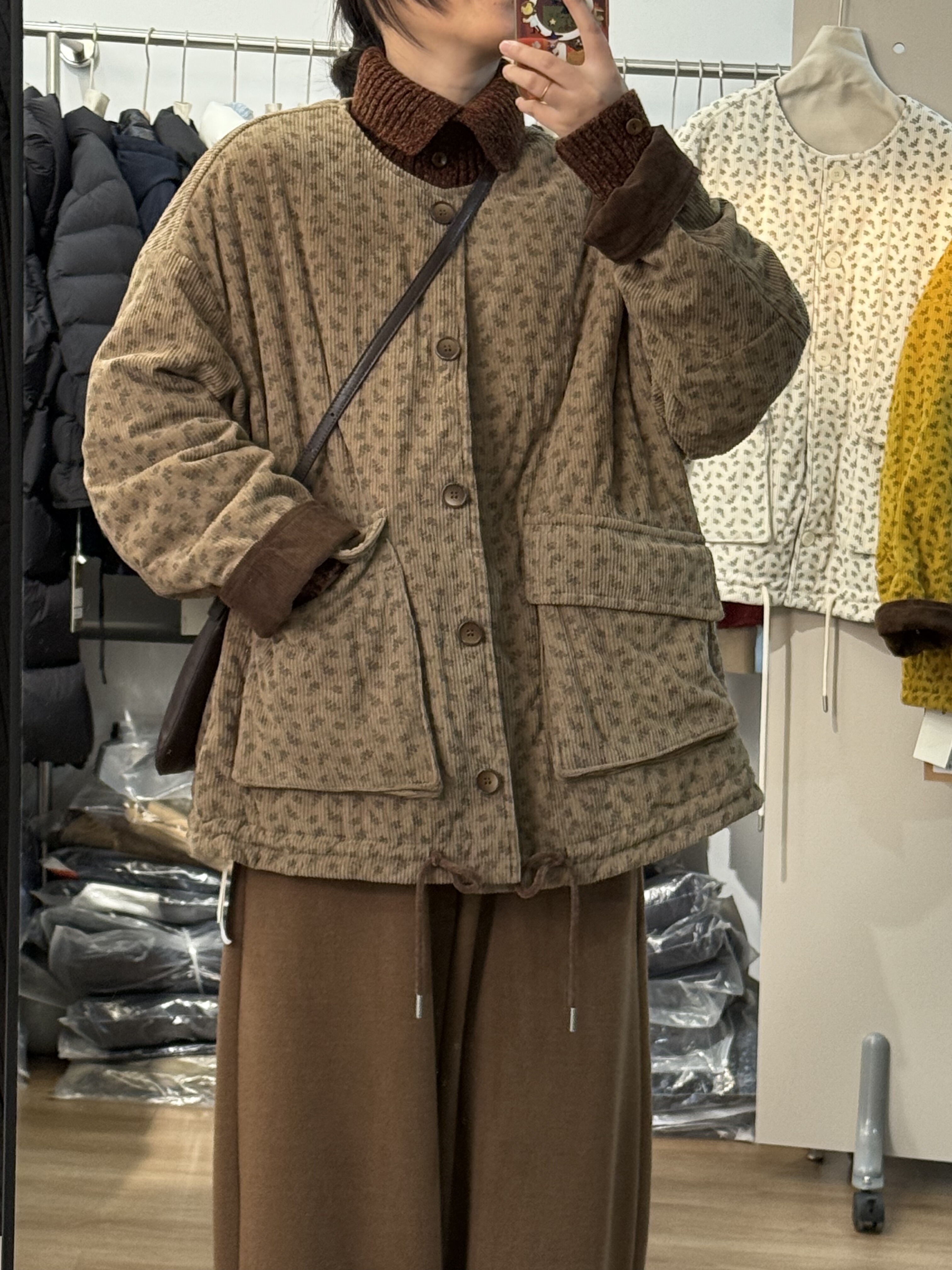 圆领中长款棉服外套印花灯芯绒大口袋夹棉衣复古森系秋冬印花棉衣